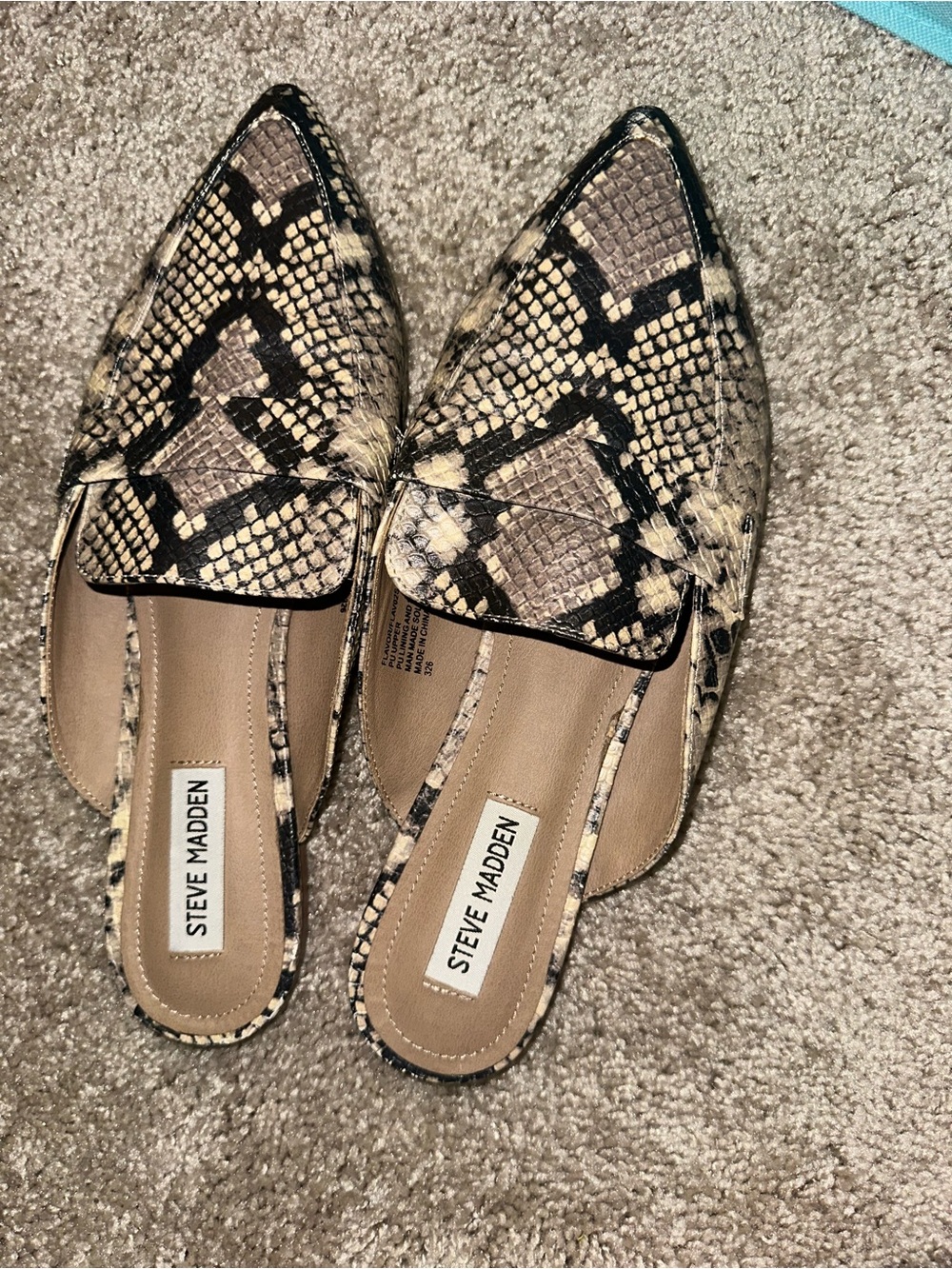Steve Madden Snake-Print Pointed Slip-On Mules in Beige and Black